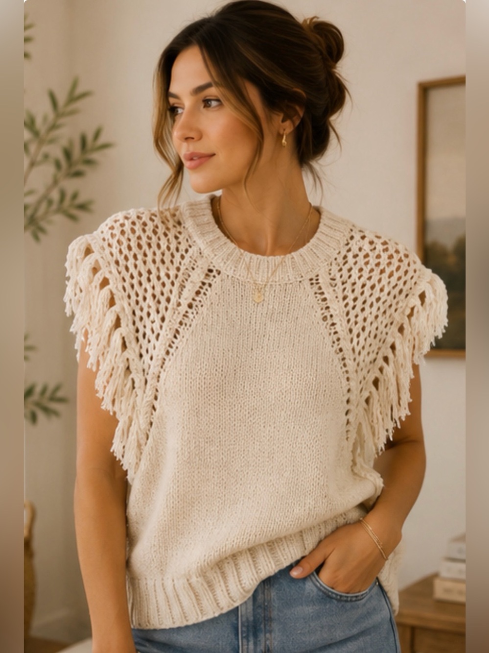 Cupcakes and Cashmere Fringe Knit Sweater Top Small Ivory Boho Open Knit
